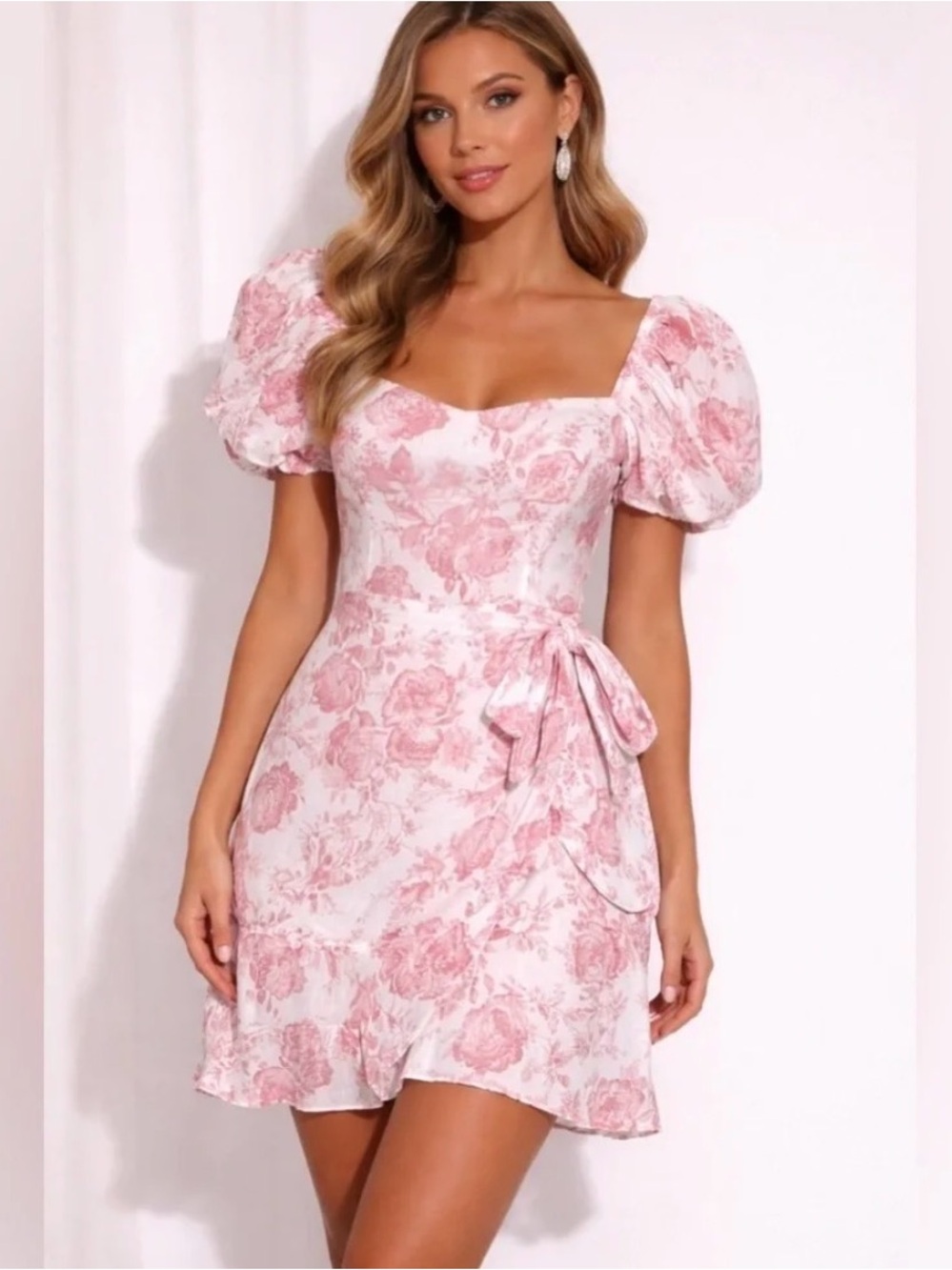 🌺 Floral Puff-Sleeve Wrap Dress in Blush Pink and White